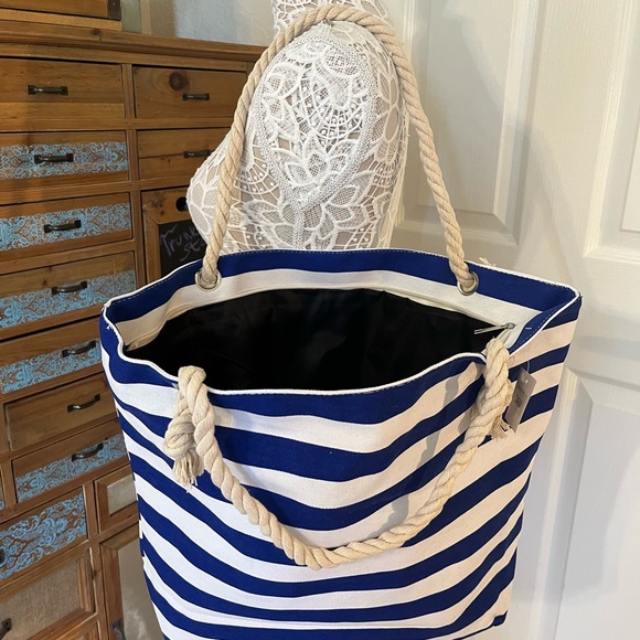 Beachy Striped Tote Bag- Blue/White - Picture 3 of 7